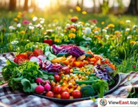 A vibrant vegetable salad on a picnic blanket, surrounded by lush green grass and blooming flowers.