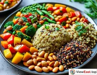 Steamed quinoa and brown rice with various beans and vegetables at a vegetarian gathering, showcasing the diversity and deliciousness of vegetarian food.