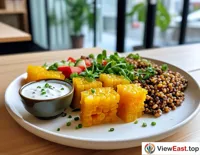 A plate of healthy steamed coarse grains with low-fat yogurt during office lunchtime, bringing a touch of freshness to a busy workday.