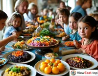 A plate of colorful steamed coarse grains on a family gathering table, with children and adults eagerly tasting.
