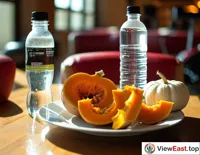 Steamed pumpkin and Chinese yam in a gym lounge, next to a sports drink, providing nutrients for post-workout muscles.