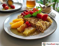 Steamed coarse grains with fresh fruit and honey at a health light food restaurant, a breakfast that infuses the day with energy.