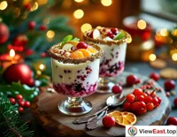 A festive fruit yogurt cup decorated with holiday colors at a celebration, adding sweetness and joy to the occasion.