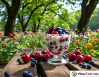 A fruit yogurt cup decorated with fresh cherries and blueberries on a park bench, surrounded by lush trees and blooming flowers.
