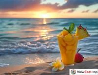 A fruit yogurt cup filled with tropical fruits like mango and pineapple on a beach, with a sea breeze adding a touch of coolness to summer.