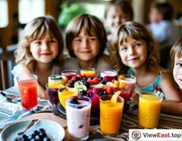 Children gathered around a colorful fruit yogurt cup decorated with various fruit slices at a family gathering, with smiles of anticipation.