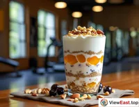 A fruit yogurt cup with nuts and honey in a gym lounge, providing nutrition and energy post-workout.