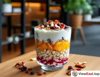 A fruit yogurt cup with oats and dried fruits in an office break room, bringing a touch of sweetness to a busy workday.