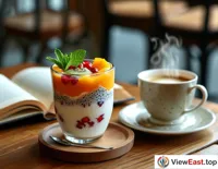 A fruit yogurt cup garnished with mint leaves and kiwi slices in a quiet café corner, next to an open book and a cup of hot coffee.