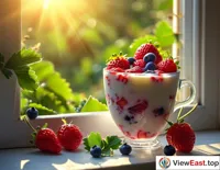 A fruit yogurt cup filled with fresh strawberries and blueberries on a windowsill, bathed in morning sunlight.