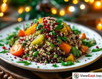 A quinoa salad decorated with festive colors at a holiday dinner, adding health and celebration to the occasion.