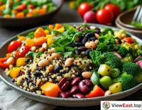 A quinoa salad with various beans and vegetables at a vegetarian gathering, showcasing the diversity and deliciousness of vegetarian food.