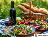 A colorful quinoa salad on a picnic blanket with fresh vegetables and fruits, next to a basket of bread and a bottle of red wine.