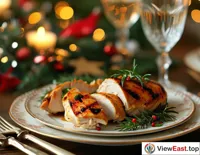 Roasted chicken breast with exquisite tableware and an elegant setting at a holiday dinner, adding elegance and celebration to the occasion.