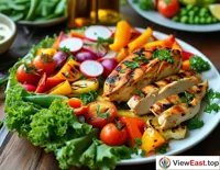 Roasted chicken breast next to a colorful vegetable platter at a vegetarian gathering, showcasing the diversity of healthy eating.