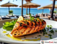Roasted chicken breast sprinkled with herbs and lemon juice at a seaside open-air restaurant, with a sea breeze adding a touch of freshness to summer.