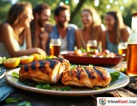 A plate of roasted chicken breast at an outdoor barbecue party, surrounded by friends enjoying a joyful summer time.