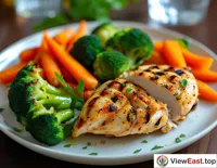 Roasted chicken breast with boiled broccoli and carrots in a gym lounge, replenishing protein post-workout.