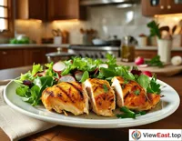 Golden and crispy roasted chicken breast on a warm family kitchen table, paired with a fresh vegetable salad.