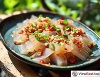 A plate of jellyfish salad at a summer outdoor barbecue party, bringing a touch of freshness to the greasy grill.