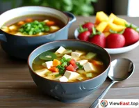 A bowl of tofu and vegetable soup with a fresh fruit platter during a leisurely weekend brunch, providing the perfect start to a relaxing morning.