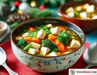 A bowl of colorful tofu and vegetable soup at a holiday family gathering, bringing health and vitality to the festive table.
