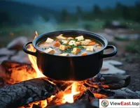 A pot of tofu and vegetable soup simmering over a campfire, under a starry night sky.