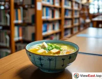 A cup of tofu and vegetable soup quietly on a library table, offering a peaceful comfort to those lost in books.