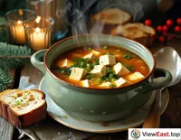 A steaming bowl of tofu and vegetable soup on a cozy family dinner table, surrounded by slices of toasted bread, adding warmth to a winter's dinner.