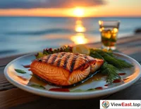 A plate of grilled salmon being served at sunset by the sea, with a sea breeze bringing a hint of coolness to the summer dinner.