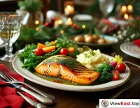 Grilled salmon with mashed potatoes and seasonal vegetables on a family gathering table, becoming the star of the holiday meal.