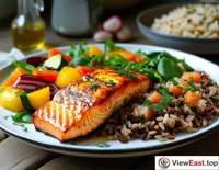 Grilled salmon with vegetables and brown rice in a fitness enthusiast's kitchen, providing perfect nutrition for a post-workout dinner.