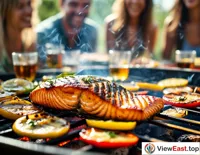 A salmon fillet being gently flipped at a summer barbecue, surrounded by the laughter of friends.