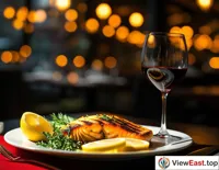 A plate of grilled salmon with lemon slices and herbs under soft restaurant lighting, accompanied by a glass of red wine, creating a romantic atmosphere.
