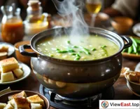 A pot of steaming mung bean soup on a family gathering table, surrounded by the laughter of family members.