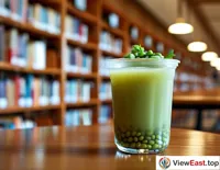 A cup of mung bean soup on the corner of a desk in a quiet library, offering a refreshing sweetness to those absorbed in books.