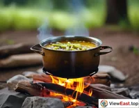 A pot of mung bean soup simmering over a campfire at a campsite, adding warmth to a camping night.