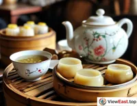A bowl of traditional mung bean soup with dim sum in an old-fashioned teahouse, adding a touch of nostalgia to a leisurely afternoon tea.