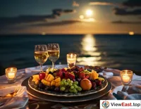 During a romantic seaside dinner, couples share a carefully paired fruit platter under the moonlight, creating a warm and romantic atmosphere.
