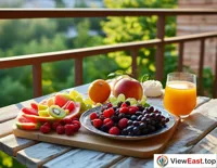 On a leisurely weekend afternoon, one enjoys a refreshing fruit platter on the balcony while reading, savoring the ease of life.