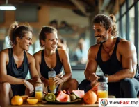 Post-workout fitness enthusiasts refuel with a healthy fruit platter in the gym lounge.