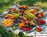 Friends gather for a picnic on the grass, enjoying a colorful and varied fruit platter that adds to the fun.