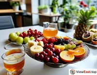 Colleagues share a delicate fruit platter during office tea time, enjoying a moment of tranquility and sweetness.