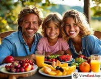A family enjoys a colorful and juicy fruit platter on a sunny weekend morning.