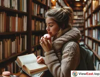 In a quiet corner of the library, a student enjoys reading while savoring delicate French macarons, relishing the sweet moments of study.