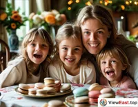 At a cozy family gathering, children excitedly await to taste the homemade French macarons made by their mother.