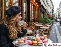 A lady savors colorful French macarons at an outdoor Parisian café, surrounded by artistic architecture.