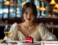 In an upscale restaurant, an elegantly dressed lady enjoys a red velvet cake alone, savoring a moment of refined solitude.