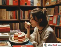 In a quiet corner of a bookstore, a reader savors red velvet cake while immersed in the world of books, enjoying the dual pleasures of reading and dessert.