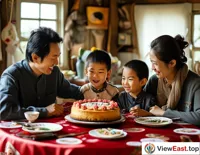 A family gathers around a red velvet cake decorated with family photos, sharing the warmth of home during a cozy family gathering.